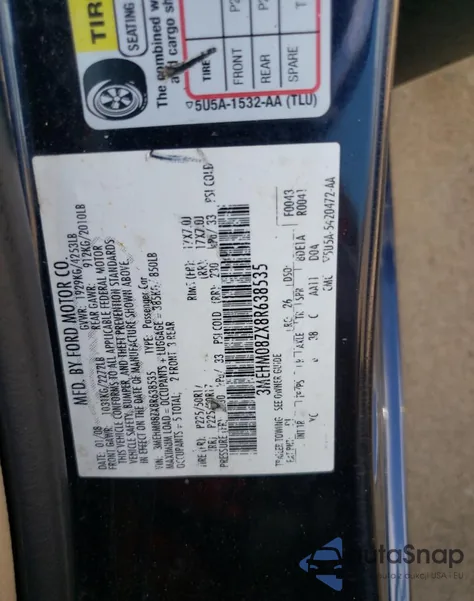 2008 Mercury Milan Premier z USA, uszkodzony, nr VIN 3MEHM08ZX8R638535